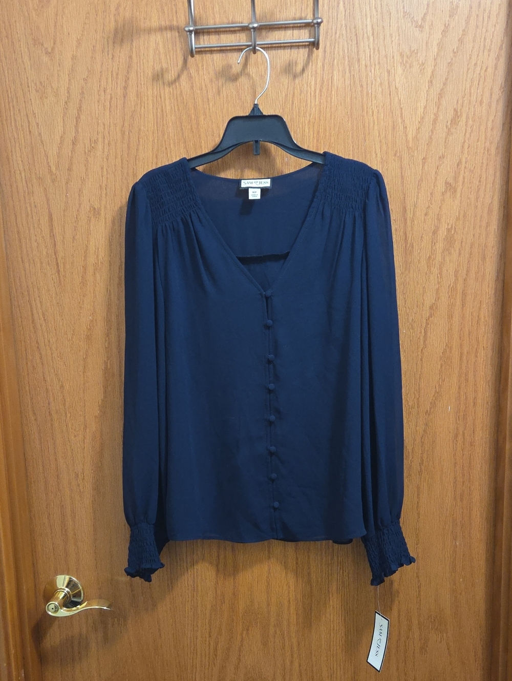 Smocked-Shoulder Navy Button-Front Blouse